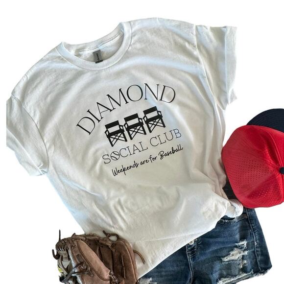 Gildan Tops - Diamond Baseball Social Club Small Women's White T-Shirt Short Sleeve